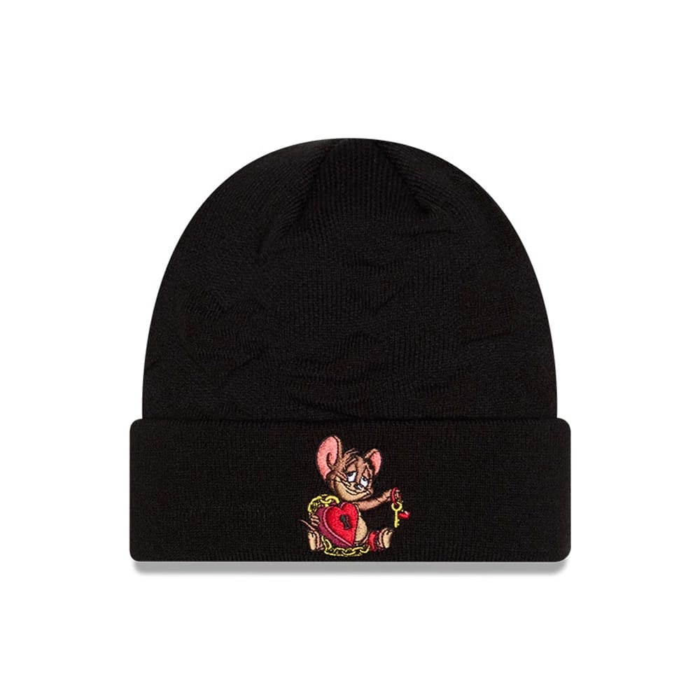 Pictured is this Tom & Jerry Key To My Heart Cuff Knit Beanie hat in black. 1