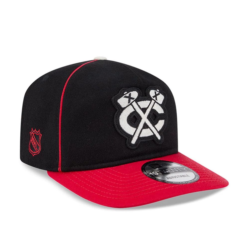 Pictured is this NHL Felt Logo Chicago Blackhawks 19TWENTY cap in black. 1