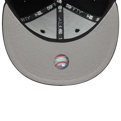 Athletics MLB Faux Pearl Black New Era 59FIFTY Fitted Cap, inside view showing a grey undervisor with a central round graphic sticker resembling a baseball, black sweatband with white 59FIFTY taping, and six-panel black interior crown.