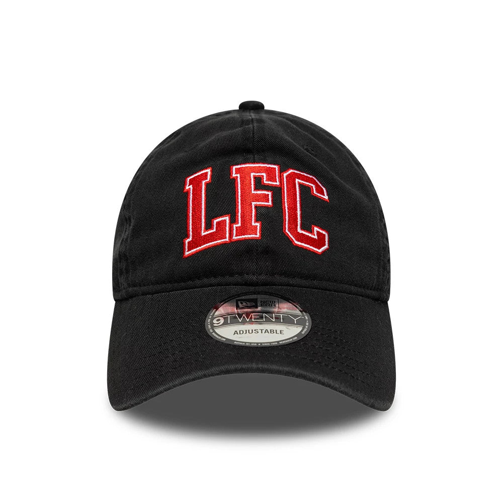 Liverpool FC Wordmark Black New Era 9TWENTY Adjustable Cap, front view showing the red embroidered LFC lettering on the curved black visor, with a 9TWENTY size sticker prominently displayed on the front panel.
