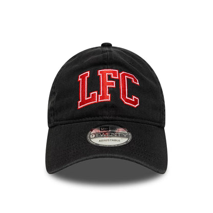 Liverpool FC Wordmark Black New Era 9TWENTY Adjustable Cap, front view showing the red embroidered LFC lettering on the curved black visor, with a 9TWENTY size sticker prominently displayed on the front panel.