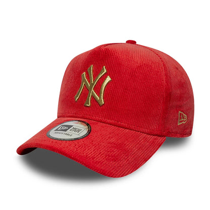 New York Yankees MLB Cord Dark Red New Era 9FORTY A-Frame Adjustable Cap, three-quarter view showing the gold embroidered NY logo on the front panel, a curved red visor with a 9FORTY size sticker, and a red New Era flag logo on the left side.