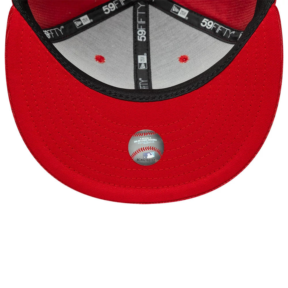Chicago White Sox MLB Cord Red New Era 59FIFTY Fitted Cap, inside view showing the black 59FIFTY taping along the seams, red eyelets on a grey fabric under the crown, and a grey undervisor with a baseball graphic label.