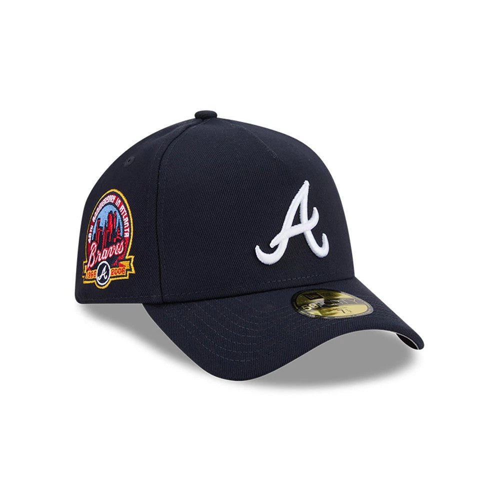 Pictured is this MLB Team Side Atlanta Braves 59FORTY A-Frame Fitted cap in navy. 1