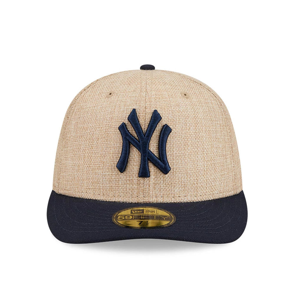 New York Yankees MLB Twine Navy New Era 59FIFTY Fitted Cap, front view showing a raised navy NY logo on the tan textured front panel, with a navy flat visor and a gold 59FIFTY size sticker on the visor.