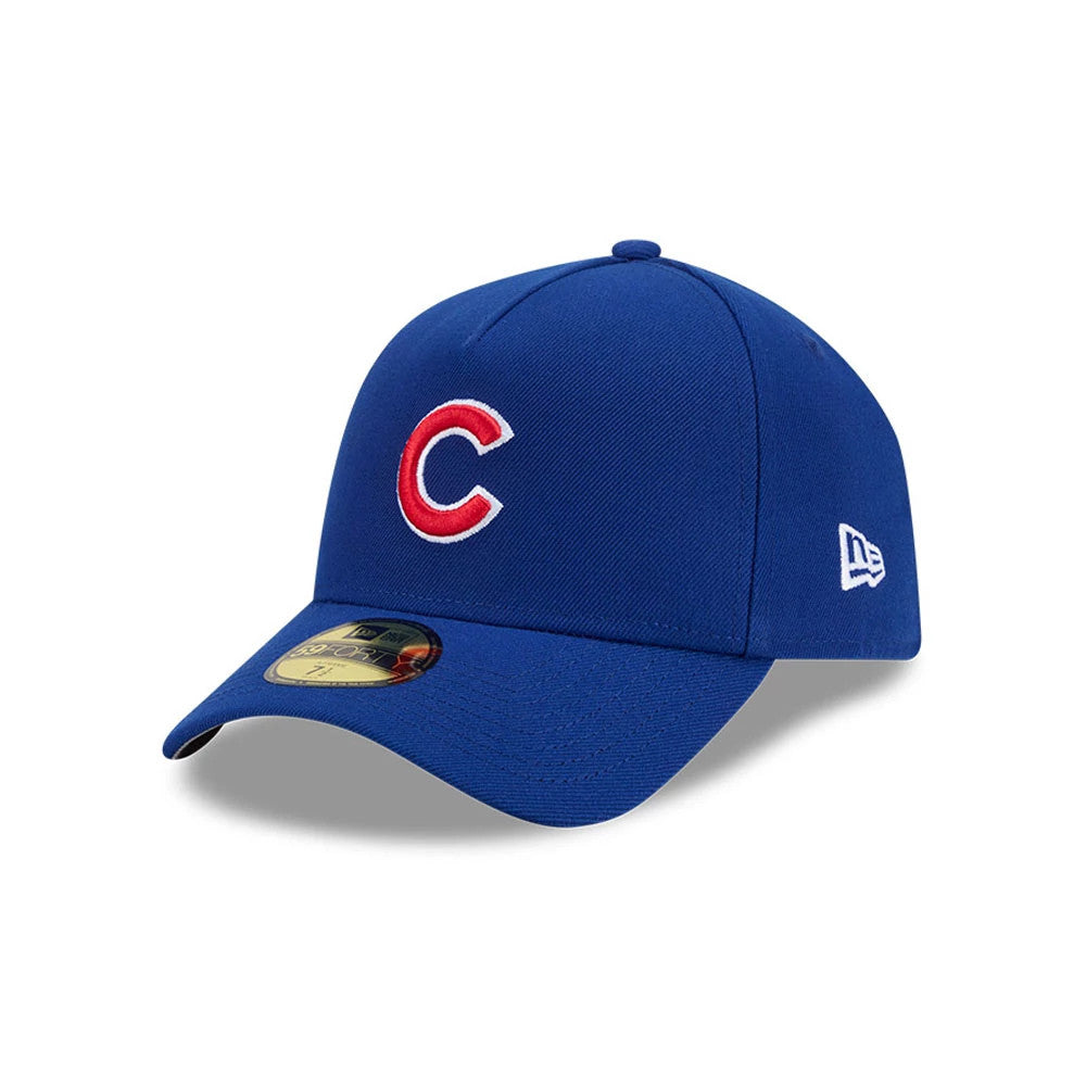 Chicago Cubs MLB Team Side Blue New Era 59FORTY A-Frame Fitted Cap, three-quarter view showing the raised red and white embroidered Cubs C logo on the front panel, with the New Era flag logo on the left side.