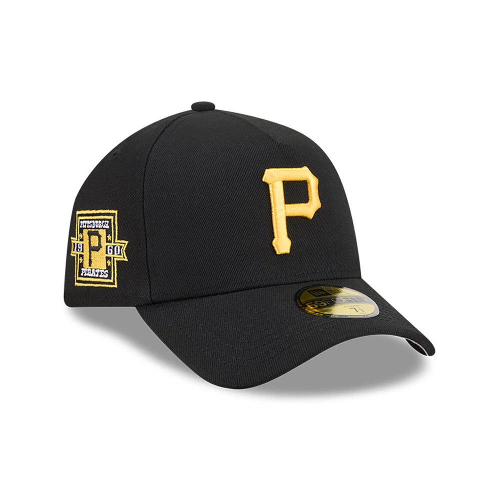 Pittsburgh Pirates MLB Team Side Black New Era 59FORTY A-Frame Fitted Cap, three-quarter view showing the raised yellow embroidered P logo on the front panel, contrasting black curved visor with a gold 59FORTY size sticker.