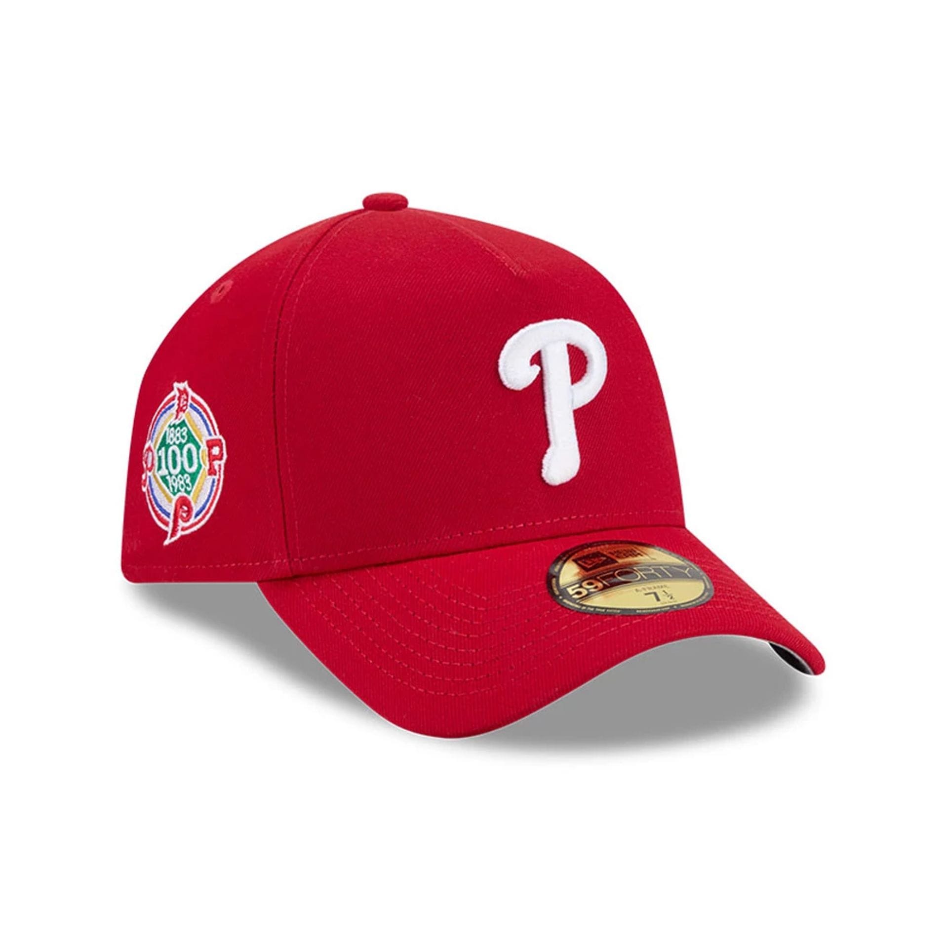 Pictured is this MLB Team Side Philadelphia Phillies 59FORTY A-Frame Fitted cap in red. 1
