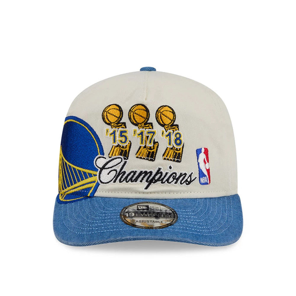 Golden State Warriors NBA Hardwood Classic Blue New Era 19TWENTY Adjustable Cap, front view showing raised embroidered graphics of championship trophies and years on the front panel, curved blue visor with a 19TWENTY size sticker on it.