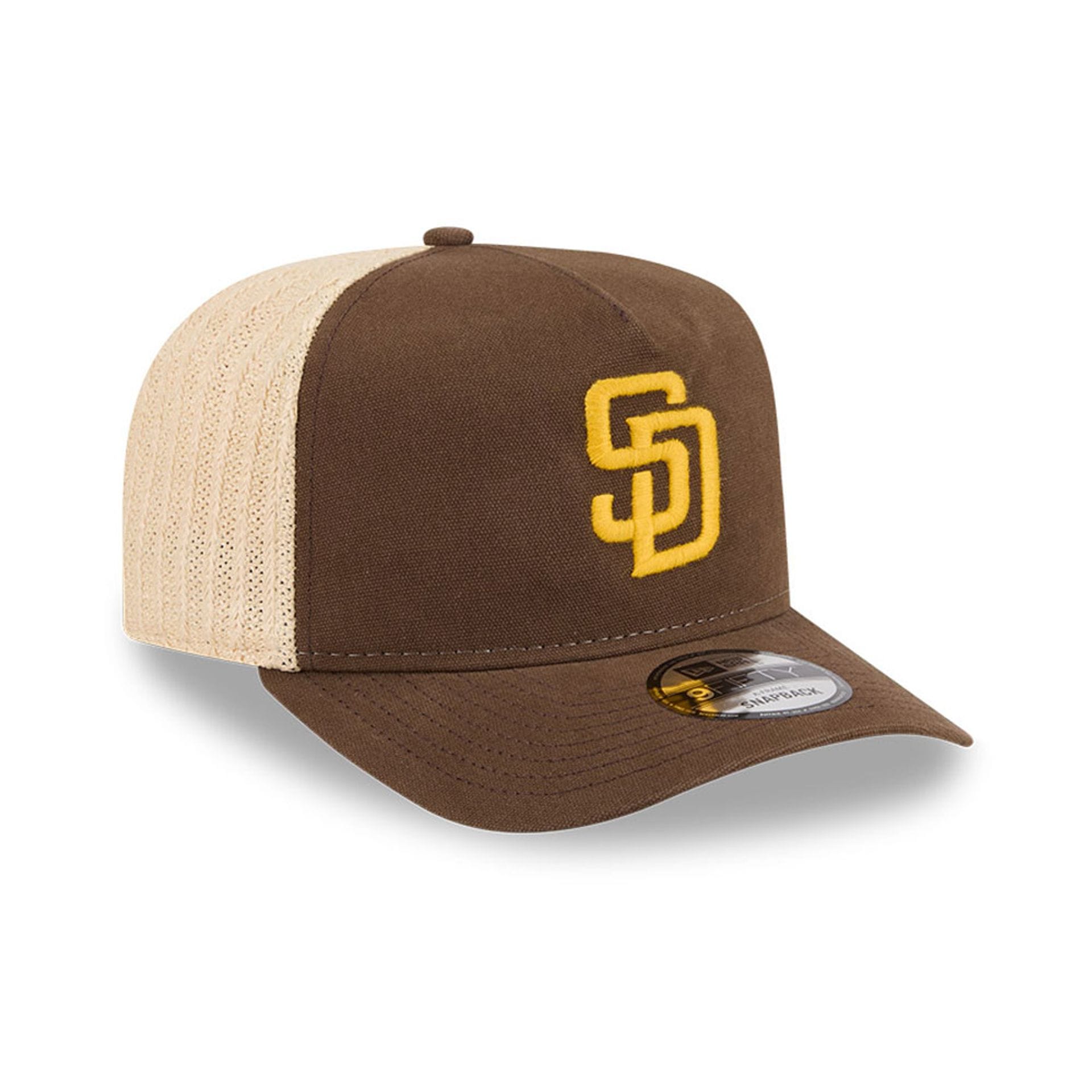 Pictured is this MLB Grained San Diego Padres 9FIFTY A-Frame Snapback cap in dark brown. 4