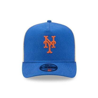 Pictured is this MLB Grained New York Mets 9FIFTY A-Frame Snapback cap in blue. 3