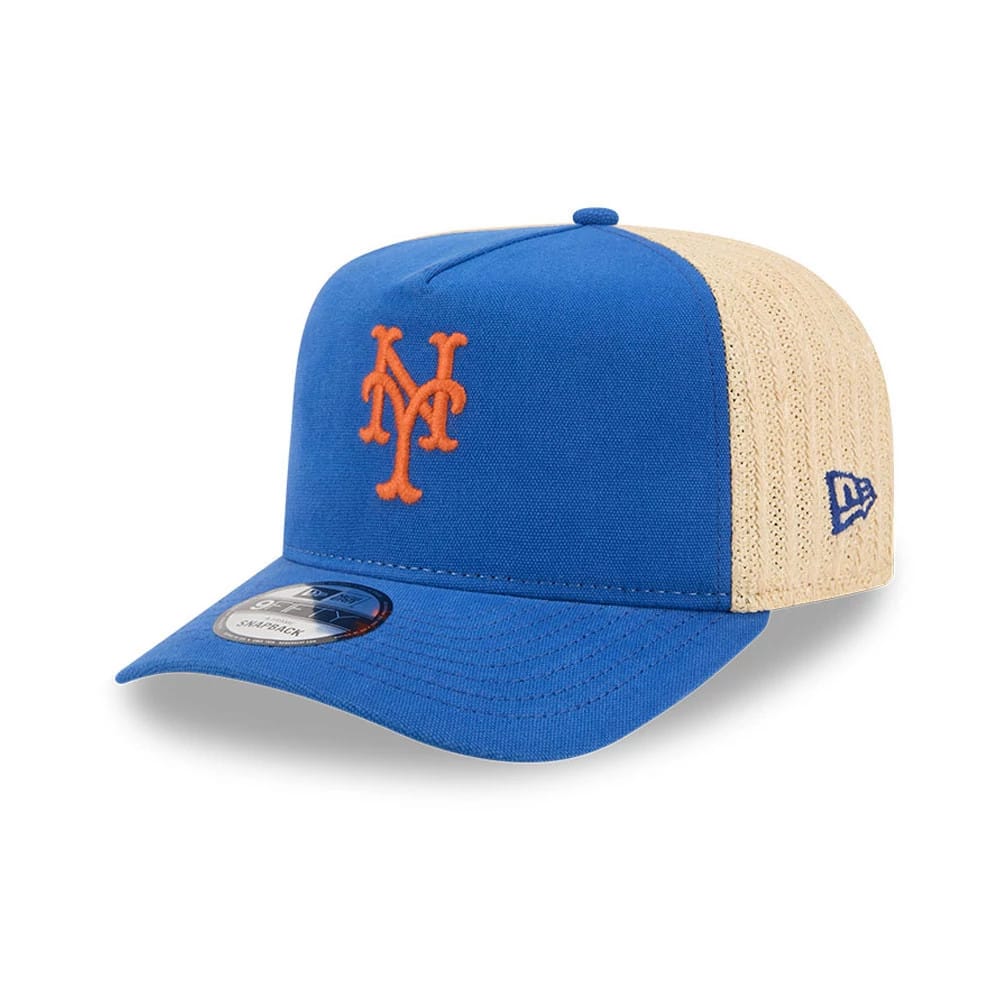 Pictured is this MLB Grained New York Mets 9FIFTY A-Frame Snapback cap in blue. 1