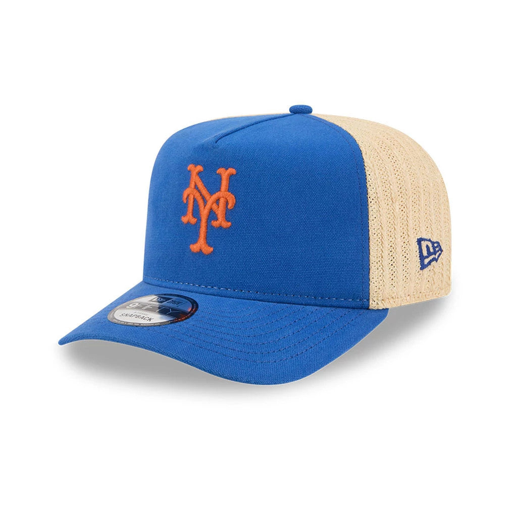 New York Mets MLB Grained Blue New Era 9FIFTY A-Frame Snapback Adjustable Cap, front view showing the raised orange NY logo embroidered on the structured blue front panel, with a curved blue visor and a 9FIFTY size sticker.