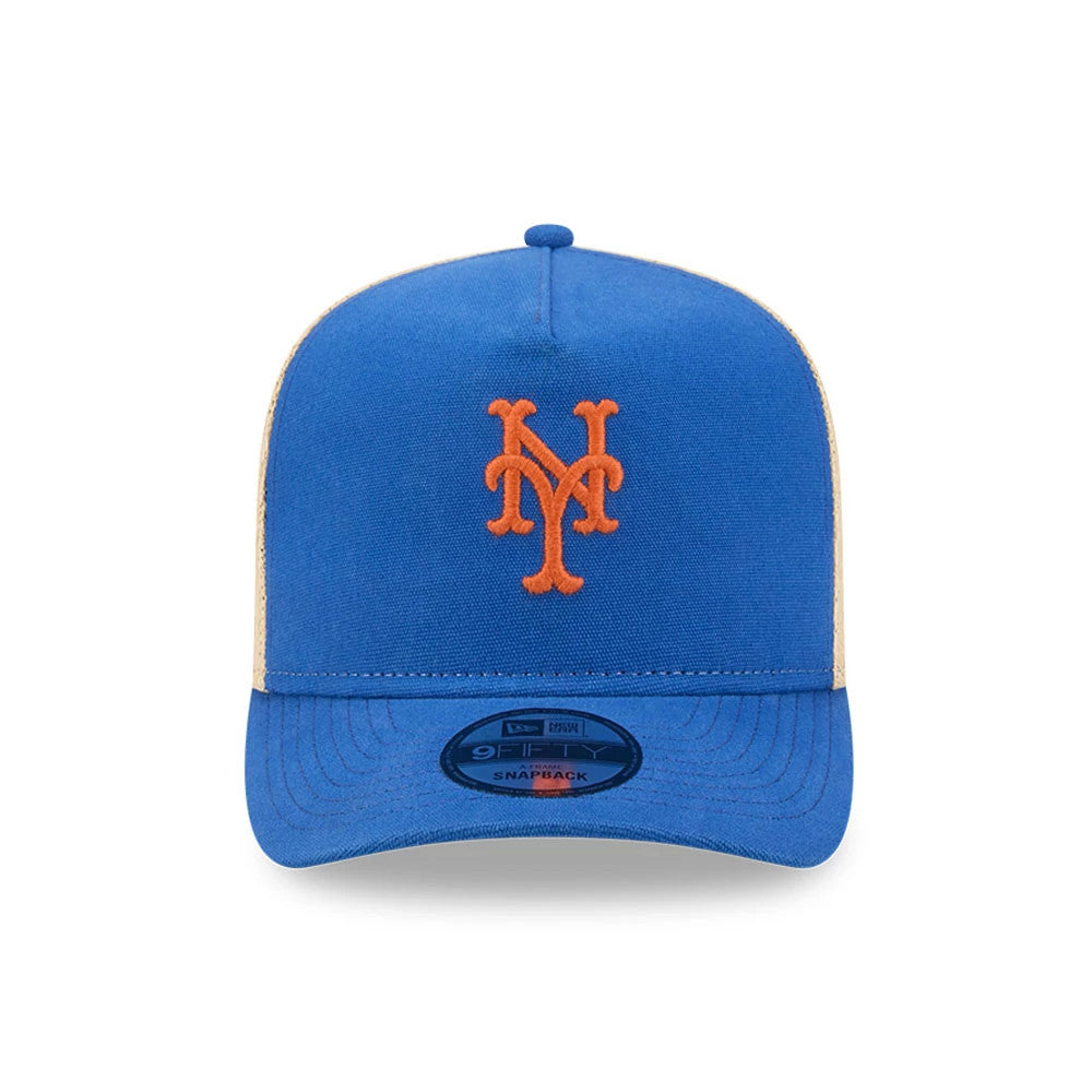 New York Mets MLB Grained Blue New Era 9FIFTY A-Frame Snapback Adjustable Cap, front view showing the orange Mets logo in raised embroidery on the structured blue crown, with a curved blue visor and 9FIFTY size sticker.