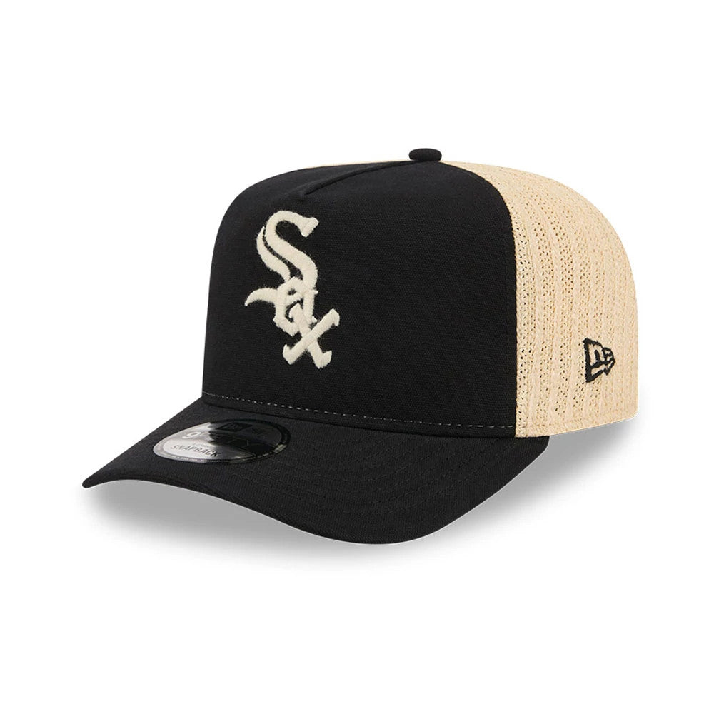 Pictured is this MLB Grained Chicago White Sox 9FIFTY A-Frame Snapback cap in black. 1