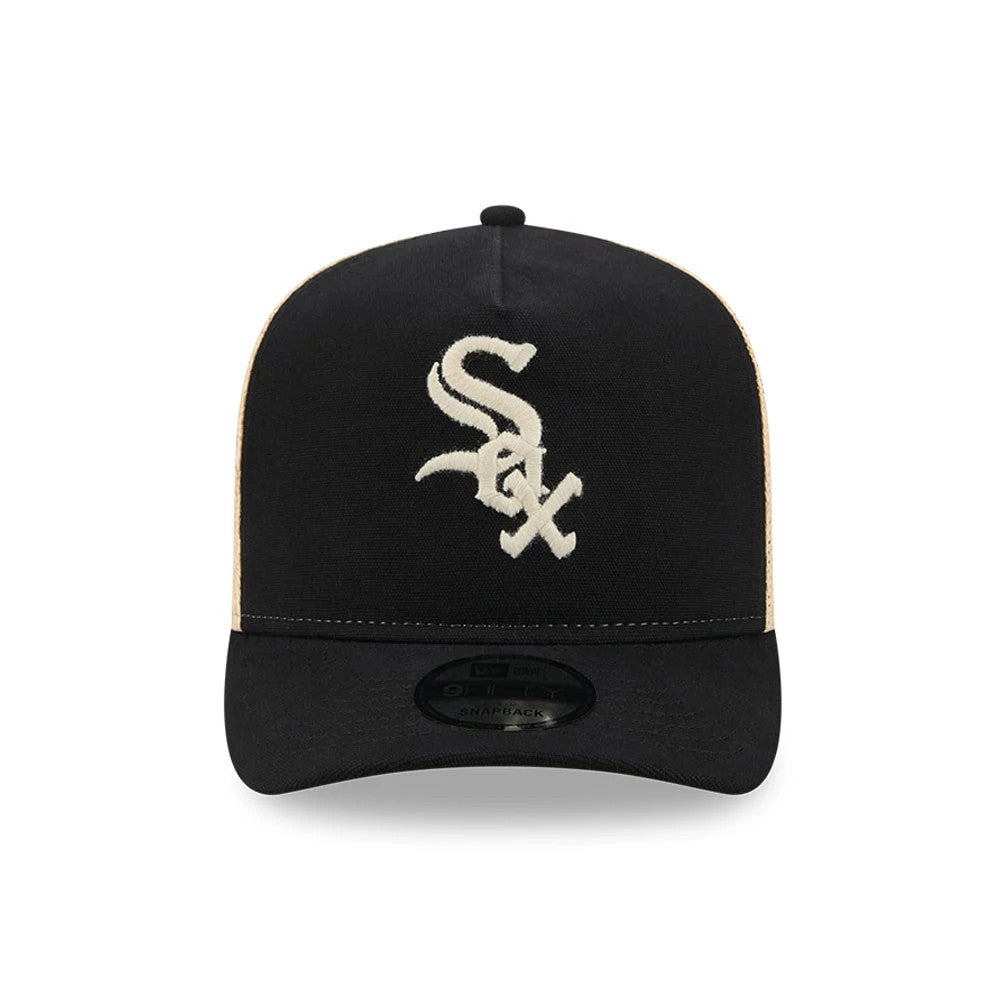 Pictured is this MLB Grained Chicago White Sox 9FIFTY A-Frame Snapback cap in black. 3