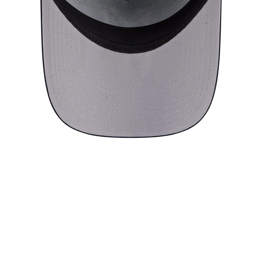 New York Yankees MLB Team Side Navy New Era 59FORTY A-Frame Fitted Cap, inside view showing a grey undervisor with dark contrast stitching, and the inner taping along the seams, providing a glimpse of the structured crown's interior.