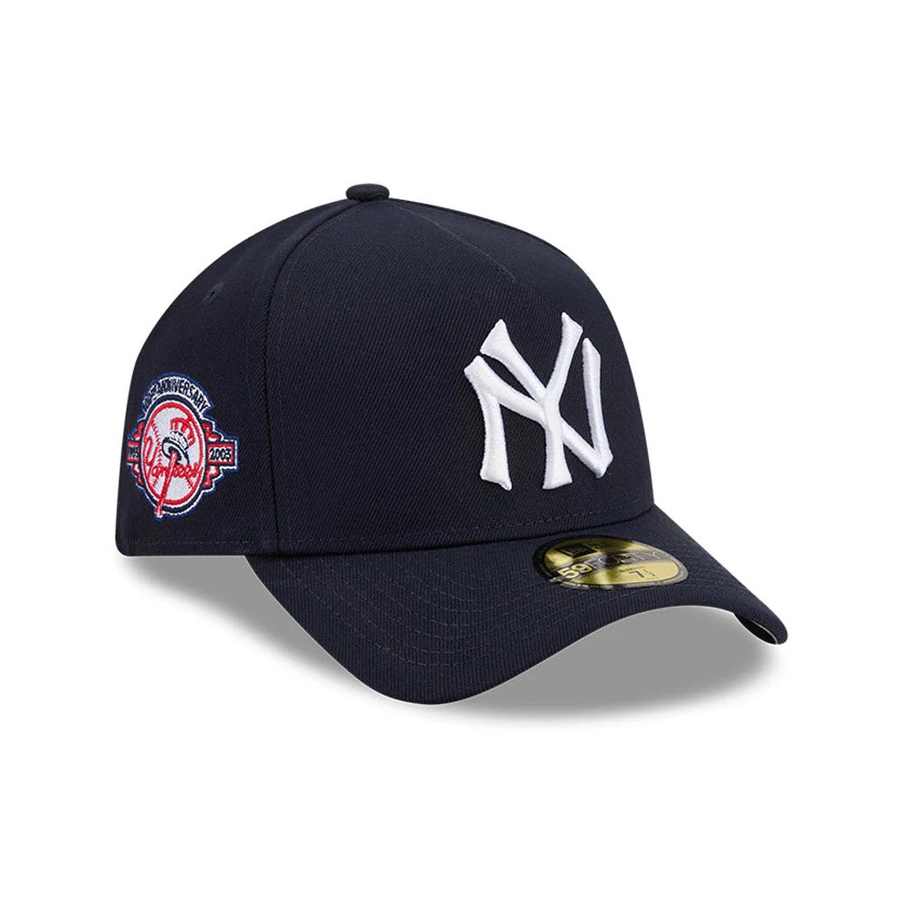 New York Yankees MLB Team Side Navy New Era 59FORTY A-Frame Fitted Cap, three-quarter view showing a large raised white NY logo on the front panel, a navy curved visor with a gold 59FORTY size sticker.