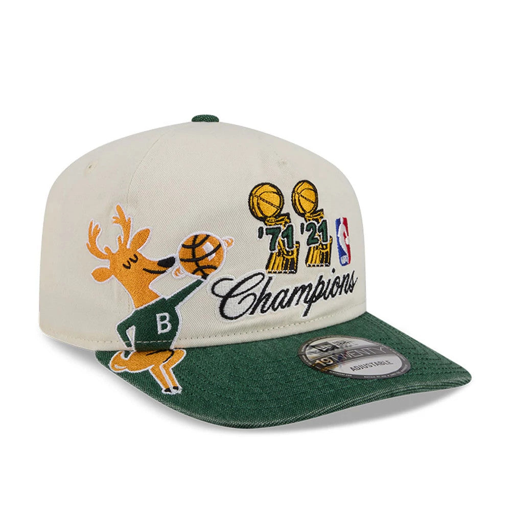 Milwaukee Bucks NBA Hardwood Classic Green New Era 19TWENTY Adjustable Cap, front view showing a raised embroidered deer mascot with a basketball, year '71 and '21 trophy graphics, NBA logo.