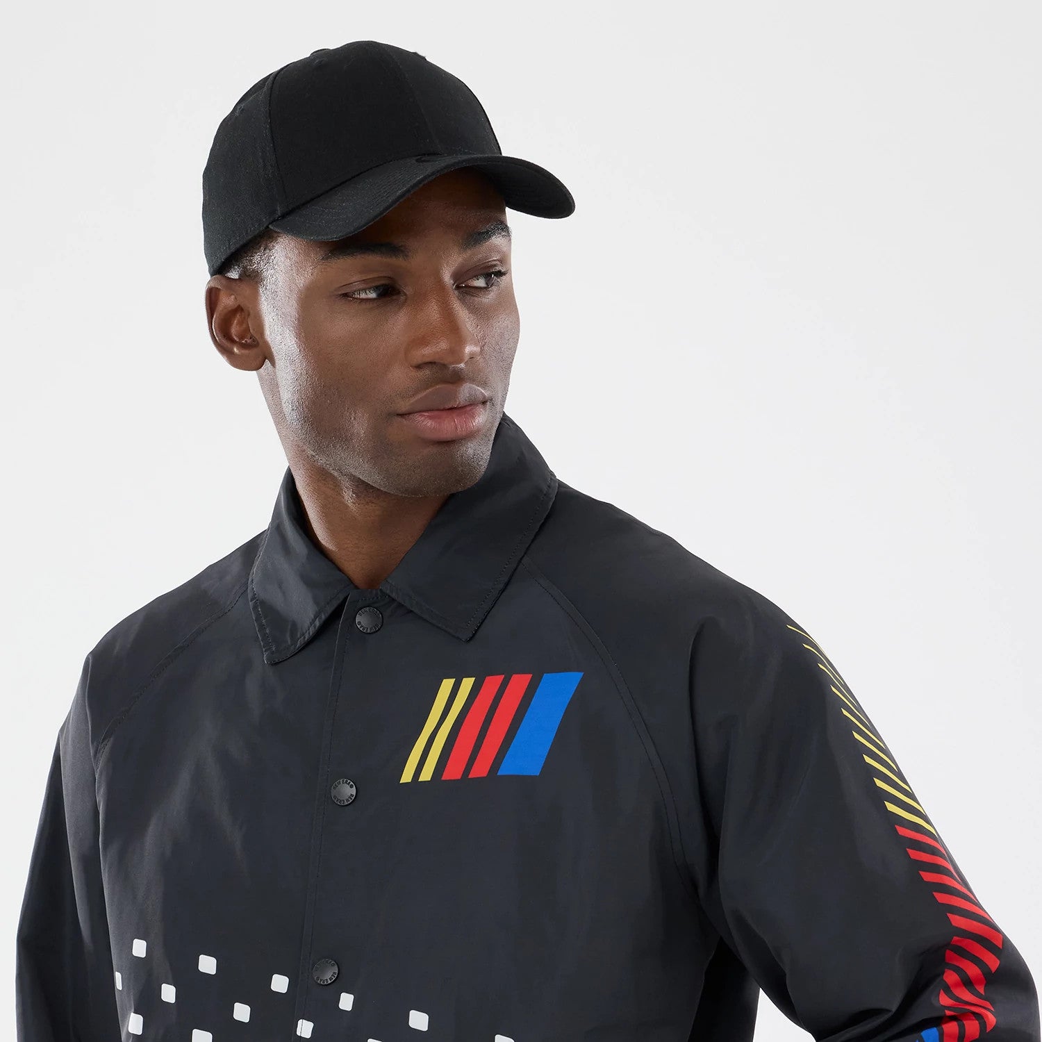 The model is wearing this Nascar Logo Jacket in black. 3