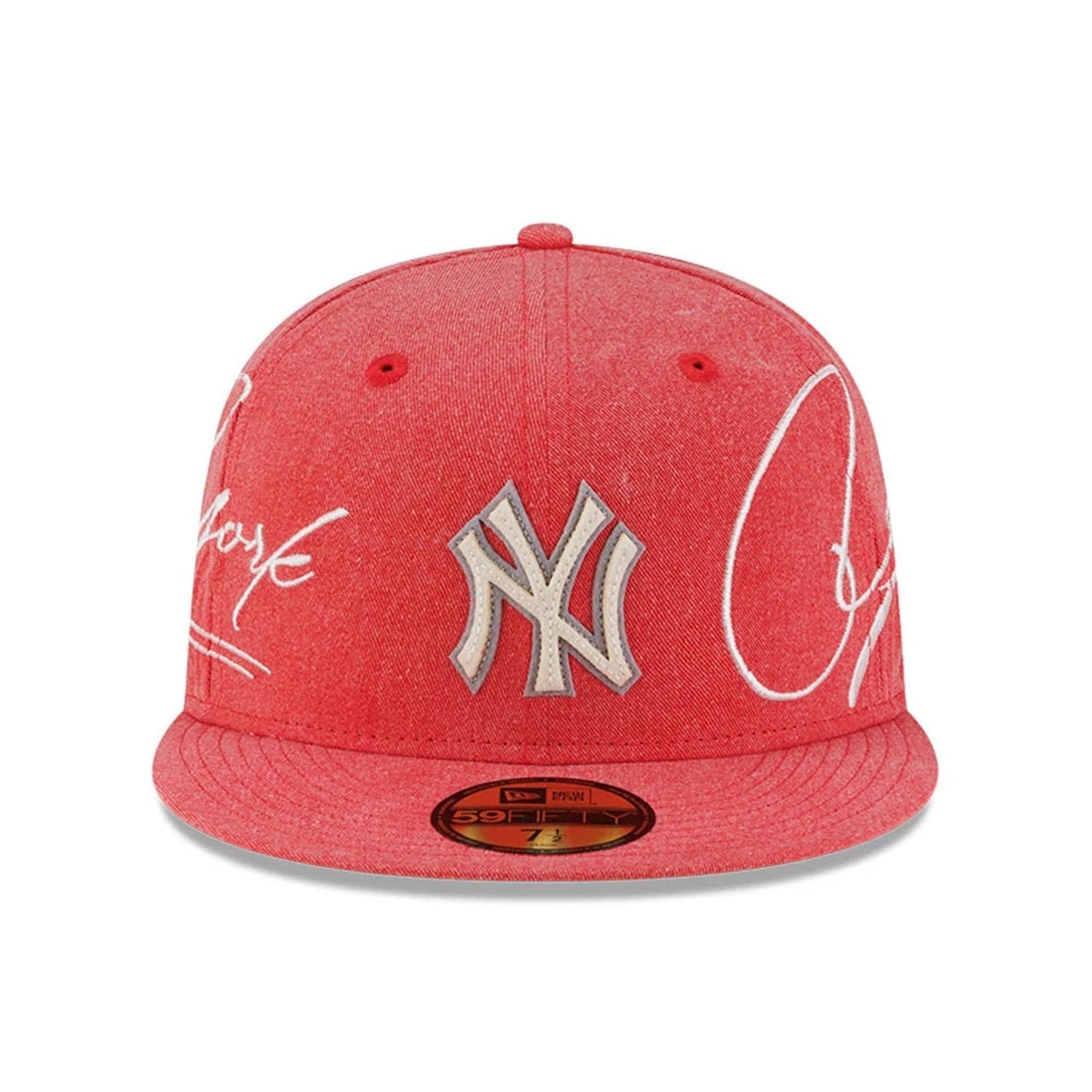 Pictured is this MLB Script Wash New York Yankees 59FIFTY Fitted cap in red. 3