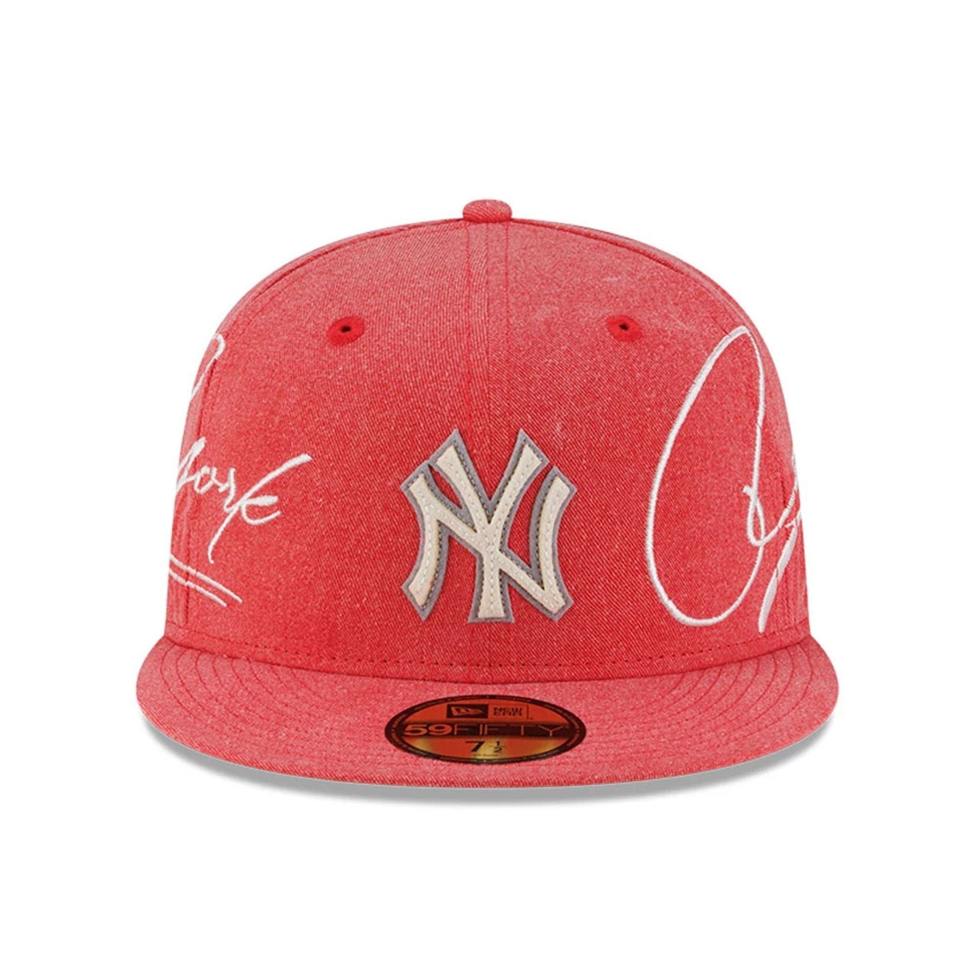 Pictured is this MLB Script Wash New York Yankees 59FIFTY Fitted cap in red. 3