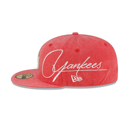Pictured is this MLB Script Wash New York Yankees 59FIFTY Fitted cap in red. 6