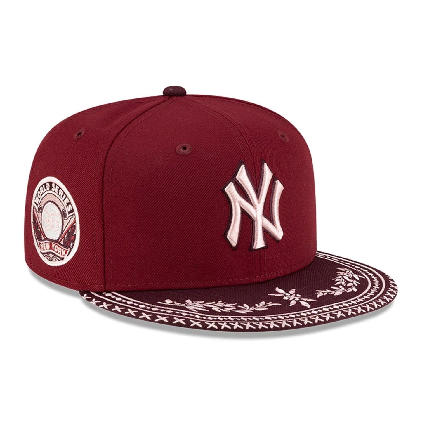Pictured is this MLB Flourishes New York Yankees 59FIFTY Fitted cap in dark red. 1