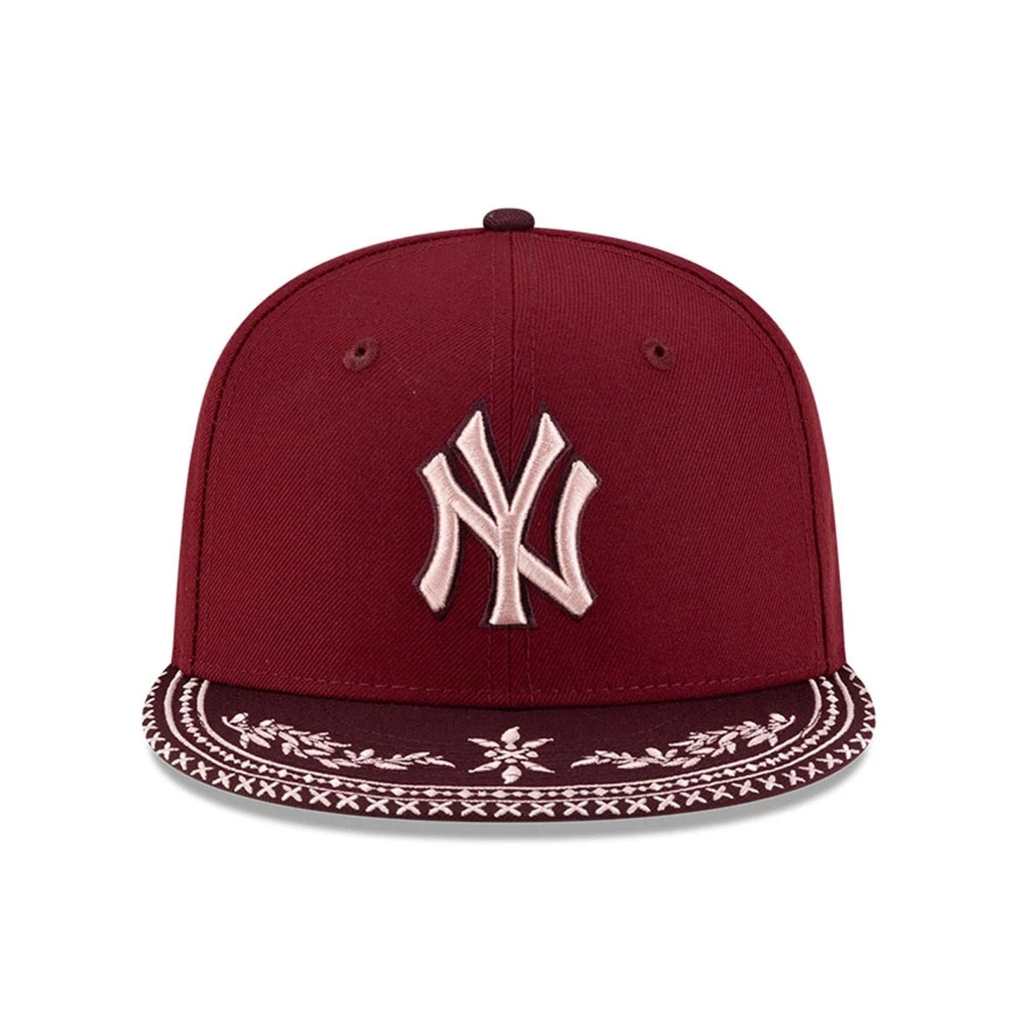 Pictured is this MLB Flourishes New York Yankees 59FIFTY Fitted cap in dark red. 3