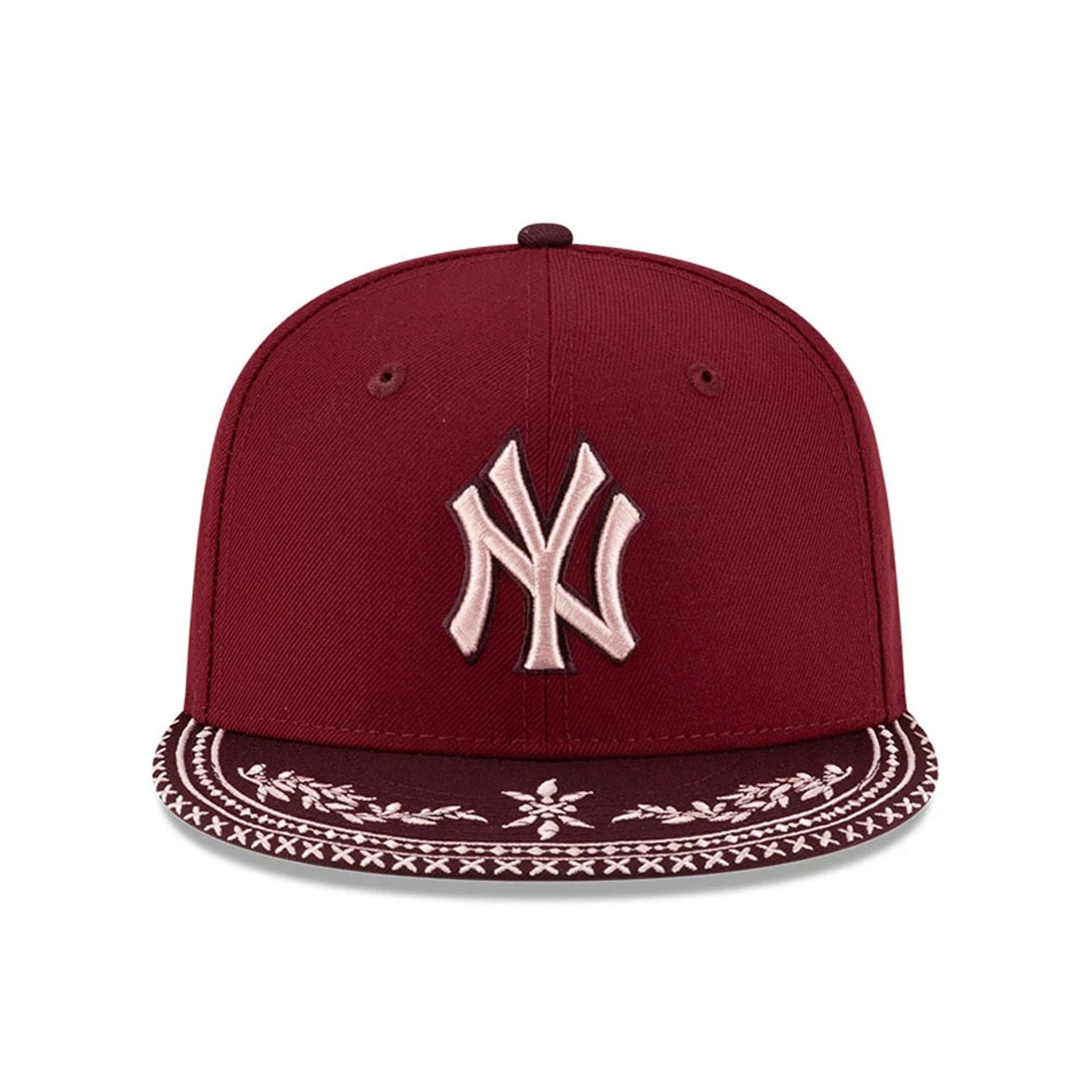 Pictured is this MLB Flourishes New York Yankees 59FIFTY Fitted cap in dark red. 3