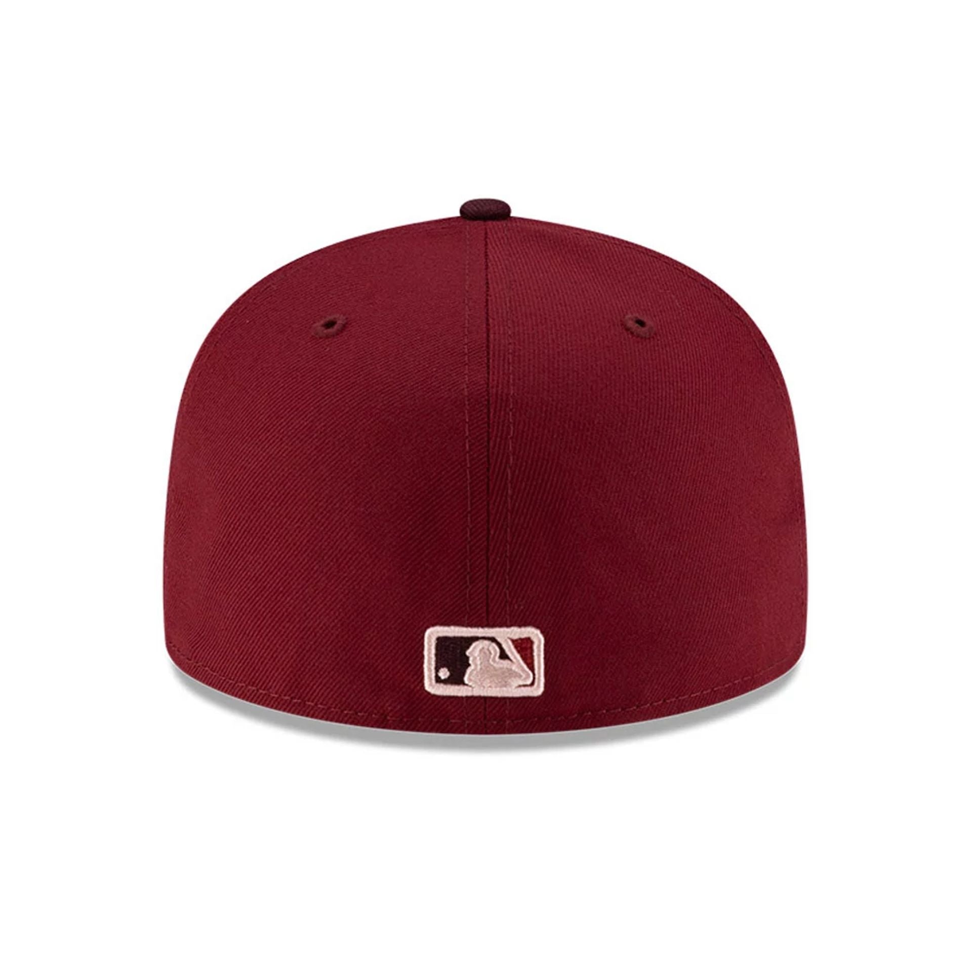 Pictured is this MLB Flourishes New York Yankees 59FIFTY Fitted cap in dark red. 7