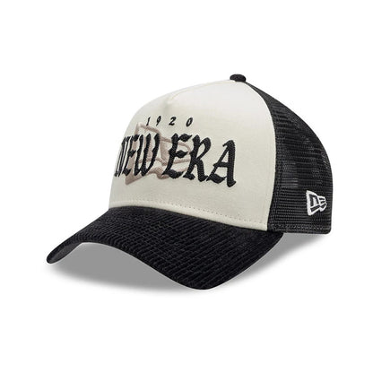 Pictured is this New Era Old English 9FORTY A-Frame cap in white. 5