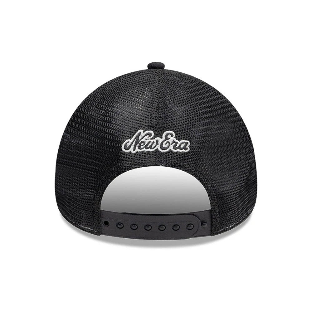 Pictured is this New Era Old English 9FORTY A-Frame cap in white. 2