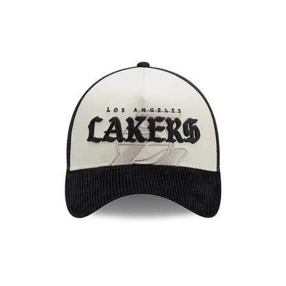 Pictured is this NBA Old English LA Lakers 9FORTY A-Frame cap in white. 2