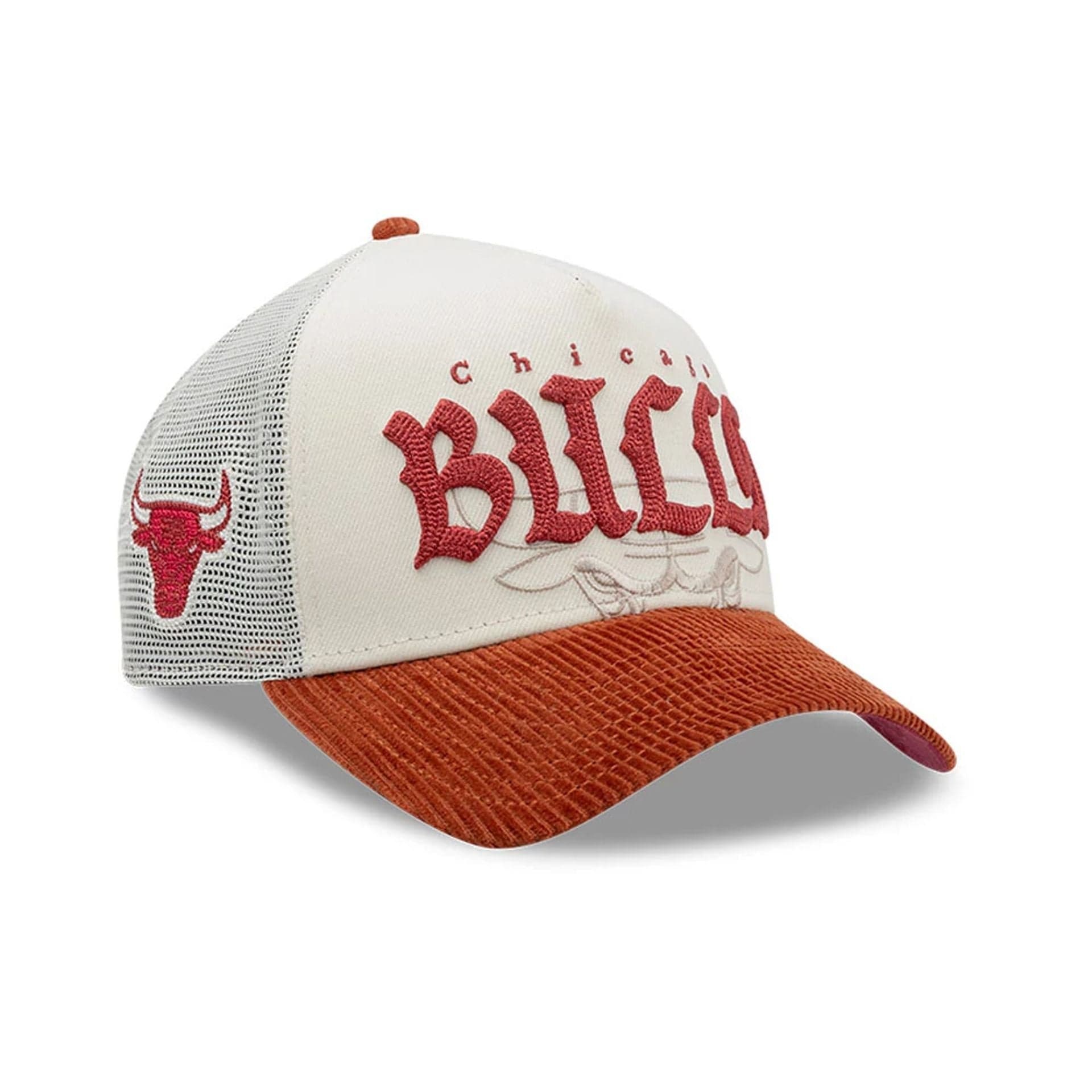 Pictured is this NBA Old English Chicago Bulls 9FORTY A-Frame cap in white. 1