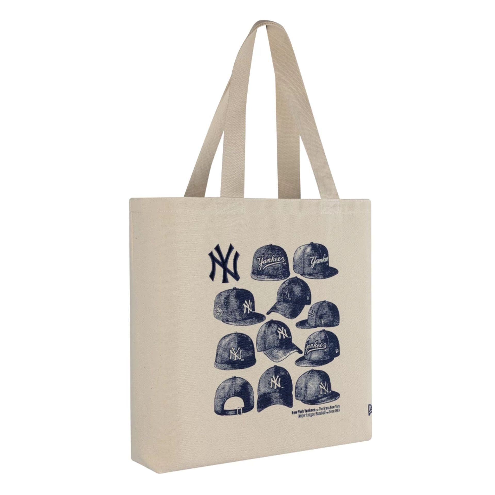 Pictured is this MLB Cap Graphic New York Yankees Tote Bag in light beige. 3