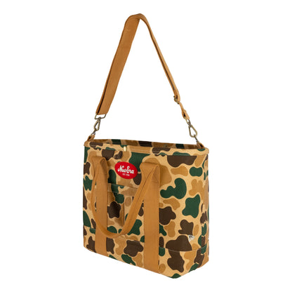 New Era Duck Camo Tote Bag, three-quarter view showcasing the green and brown camouflage pattern, dual shoulder straps, a detachable strap with clips, and an embroidered red New Era logo patch centred on the front panel.
