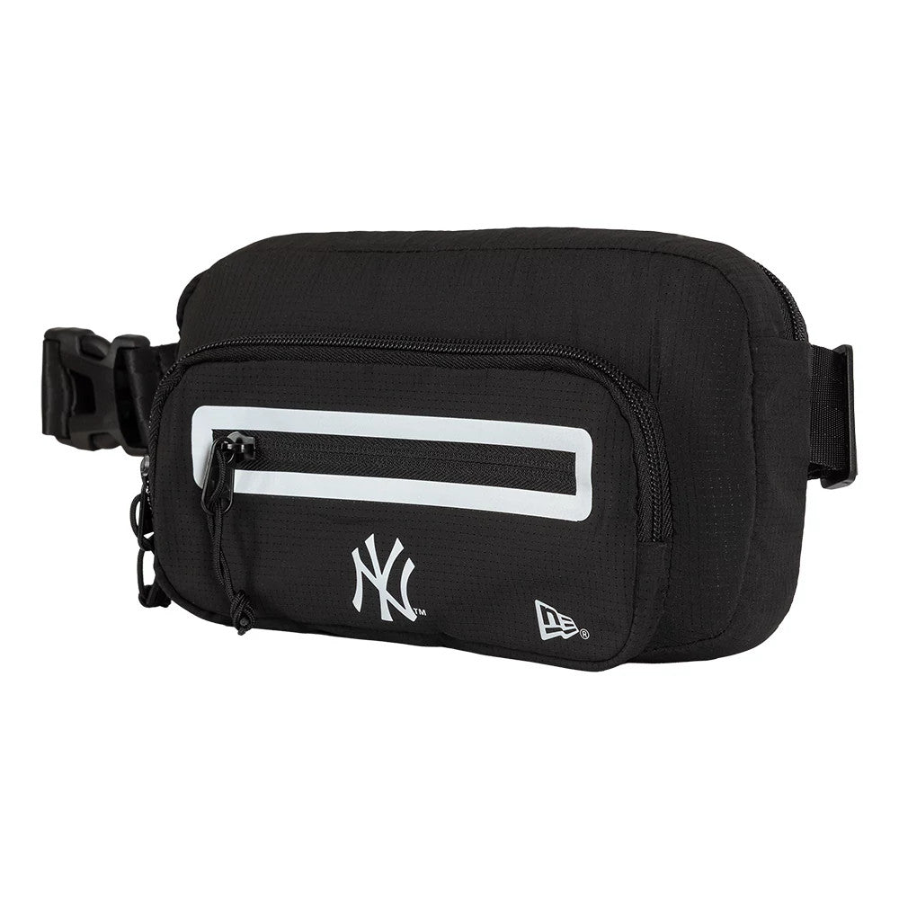 New Era New York Yankees MLB Active Mesh Black Waist Bag, front view showing the white printed New York Yankees logo centred below a small front zip pocket with a contrasting white border, and an embroidered New Era logo on the lower right corner.