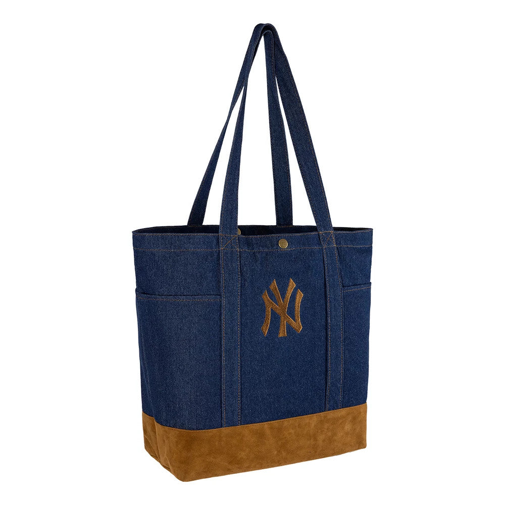 Pictured is this MLB Suede Denim New York Yankees Tote Bag in navy. 3