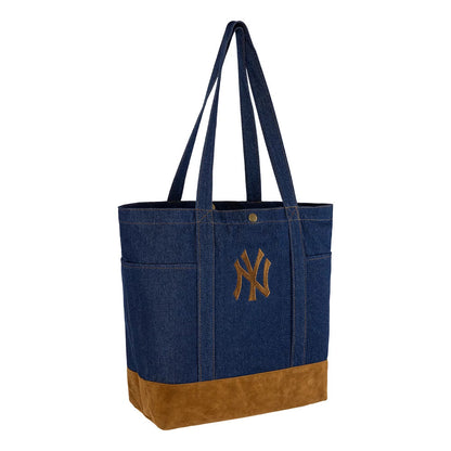 Pictured is this MLB Suede Denim New York Yankees Tote Bag in navy. 3