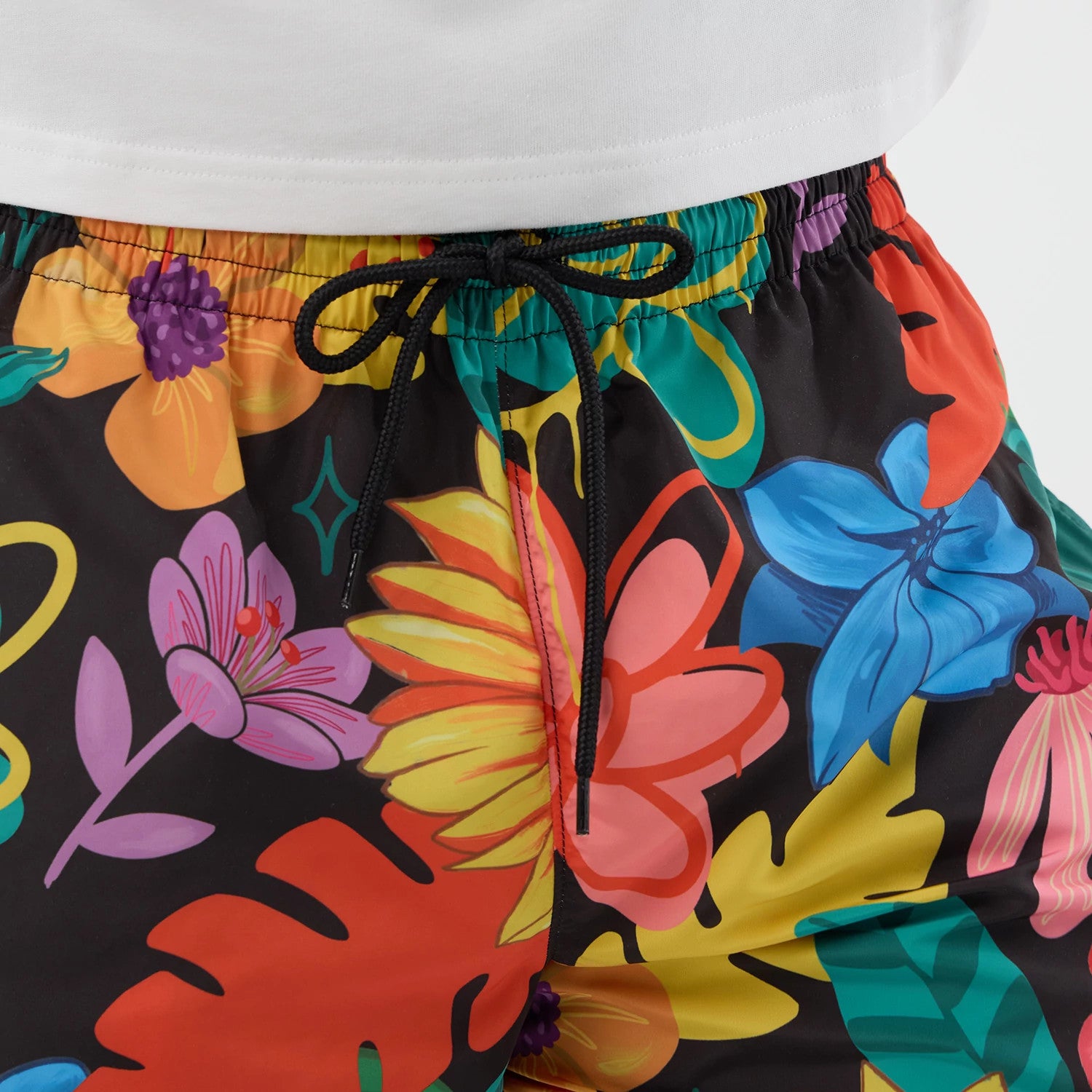 The model is wearing this New Era Floral Swimming Shorts in black. 3