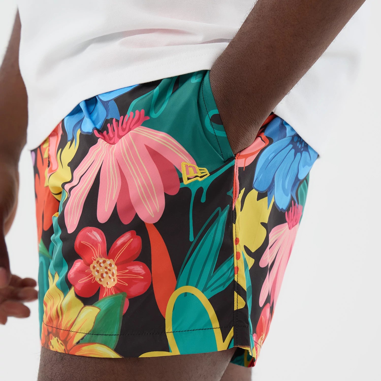The model is wearing this New Era Floral Swimming Shorts in black. 4