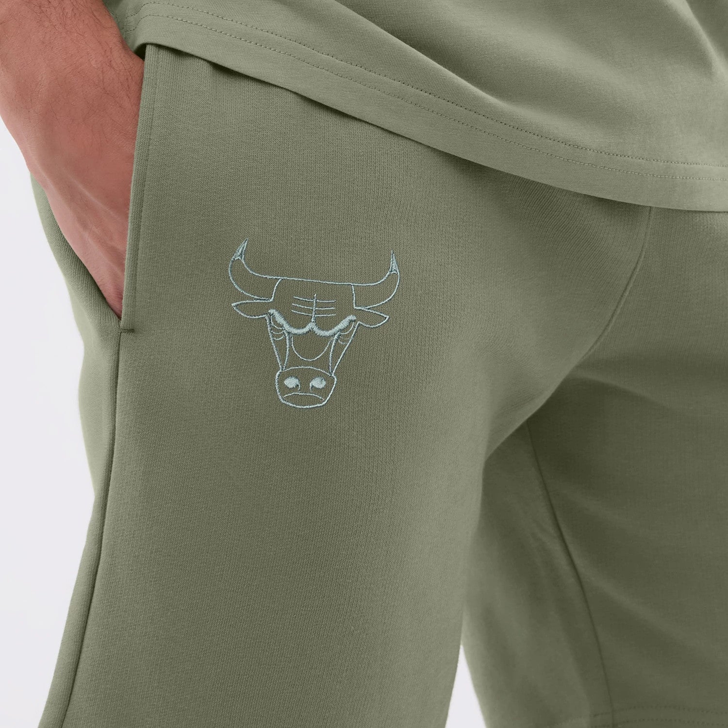 The model is wearing this NBA League Essential Chicago Bulls Shorts in pastel green. 3