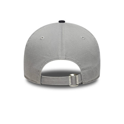 LA Dodgers MLB Washed Contrast Grey New Era 9TWENTY Adjustable Cap, rear view showing a buckle on the adjustable strap, two grey embroidered eyelets, and a black top button on the soft unstructured grey crown.