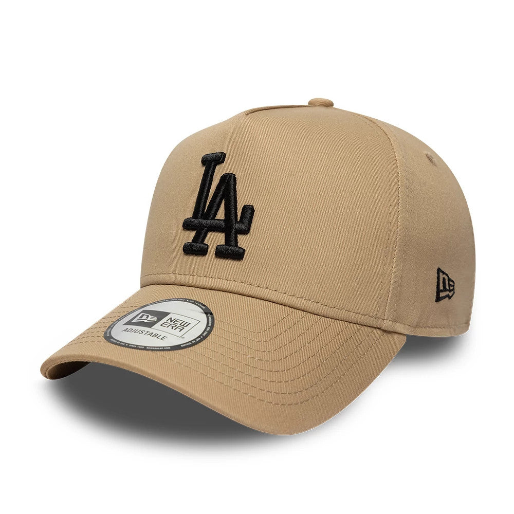 LA Dodgers MLB League Essential Light Beige New Era 9FORTY E-Frame Adjustable Cap, three-quarter view showing the raised black LA logo embroidered on the front panel, with a curved visor and 9FORTY size sticker.