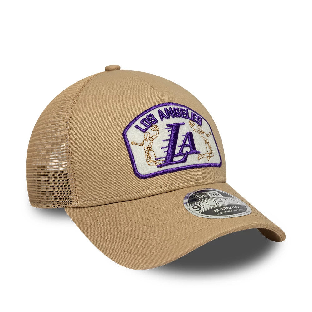 Pictured is this NBA LA Lakers 9FORTY M-Crown A-Frame Trucker cap in Beige. 3