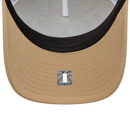 LA Lakers NBA Beige New Era 9FORTY M-Crown A-Frame Trucker Adjustable Cap, inside view showing the grey fabric undersides of the white-taped crown, black undervisor, and size label positioned at the centre of the beige visor.