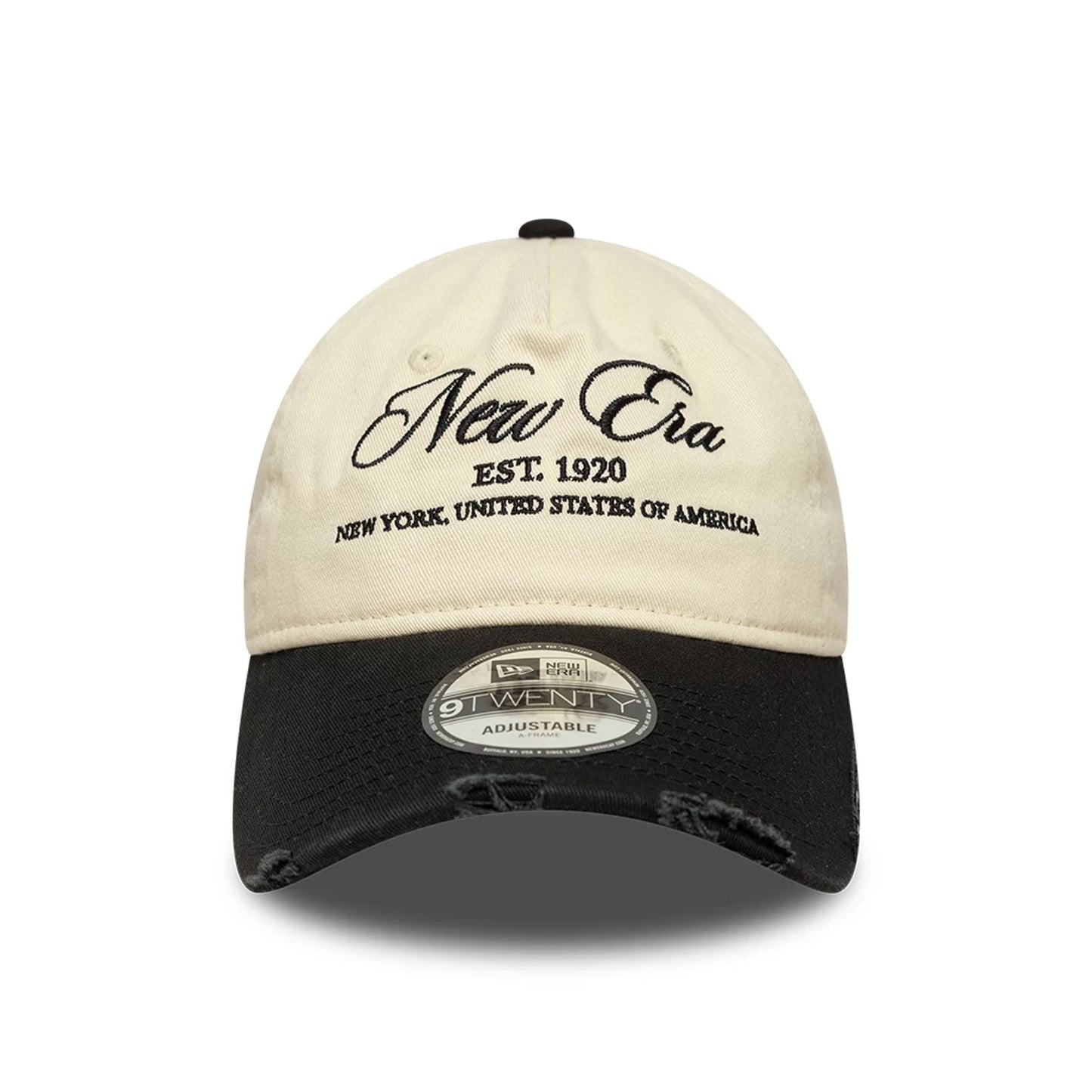 Pictured is this New Era Wash Distress 9TWENTY A-Frame cap in light beige. 2