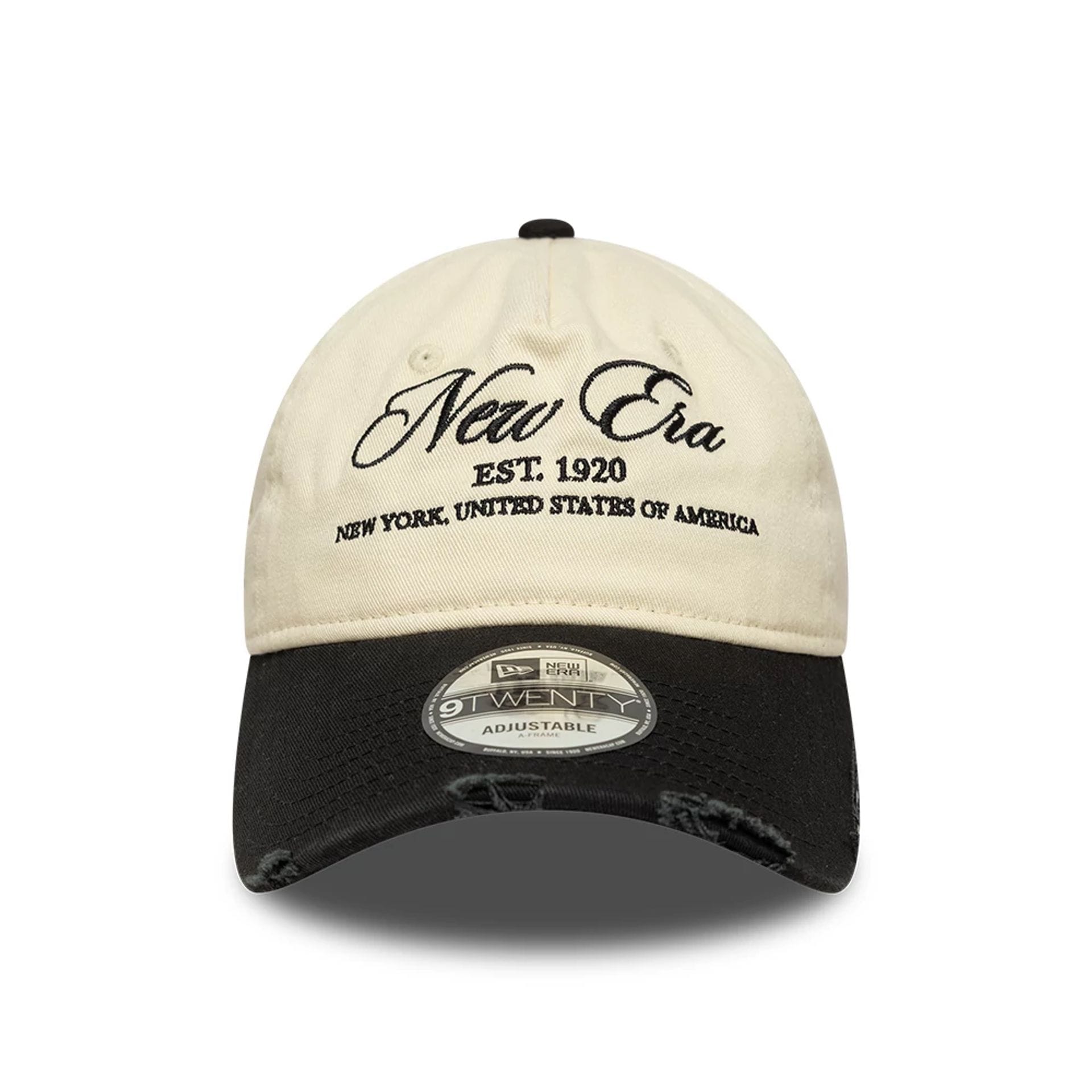 Pictured is this New Era Wash Distress 9TWENTY A-Frame cap in light beige. 2