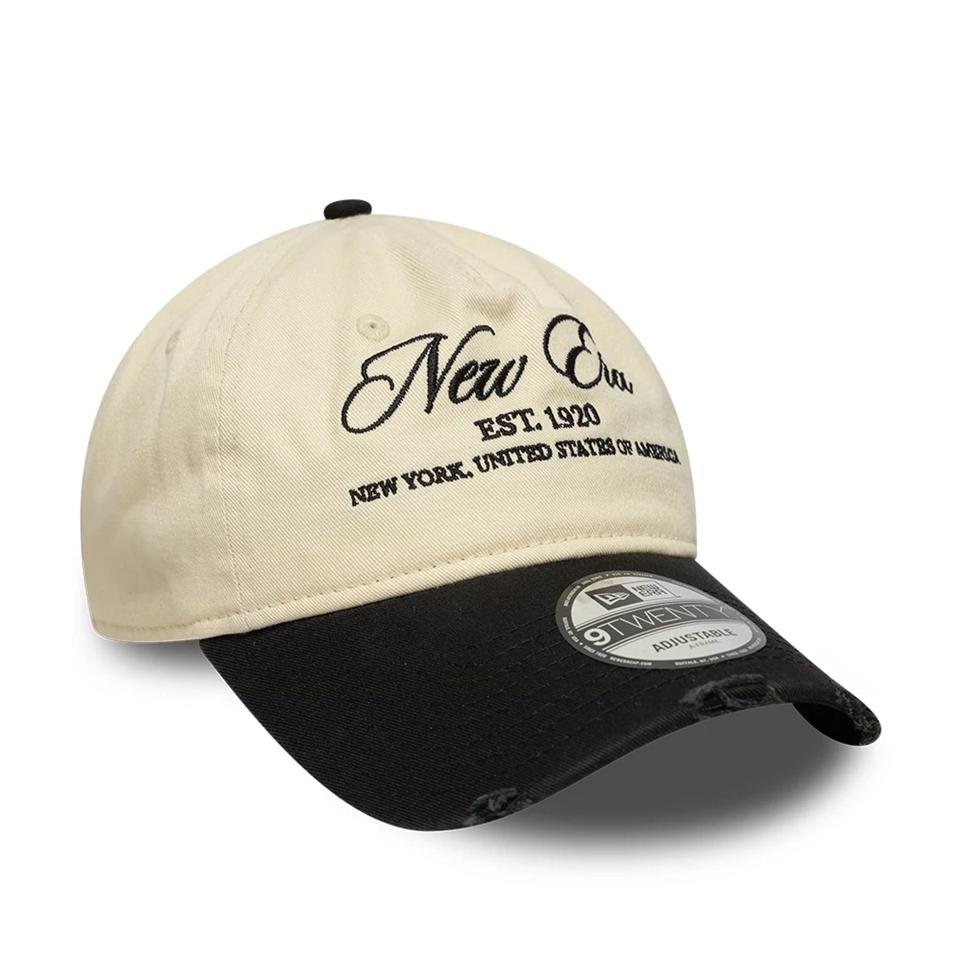 Pictured is this New Era Wash Distress 9TWENTY A-Frame cap in light beige. 3